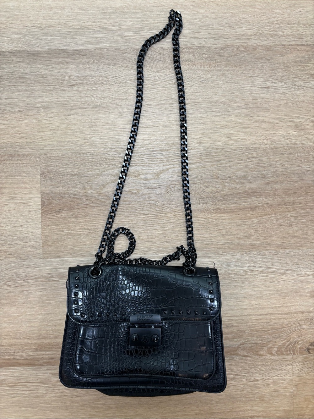 Badgley Mischka Black Croc-Embossed Shoulder Bag with Chain Strap